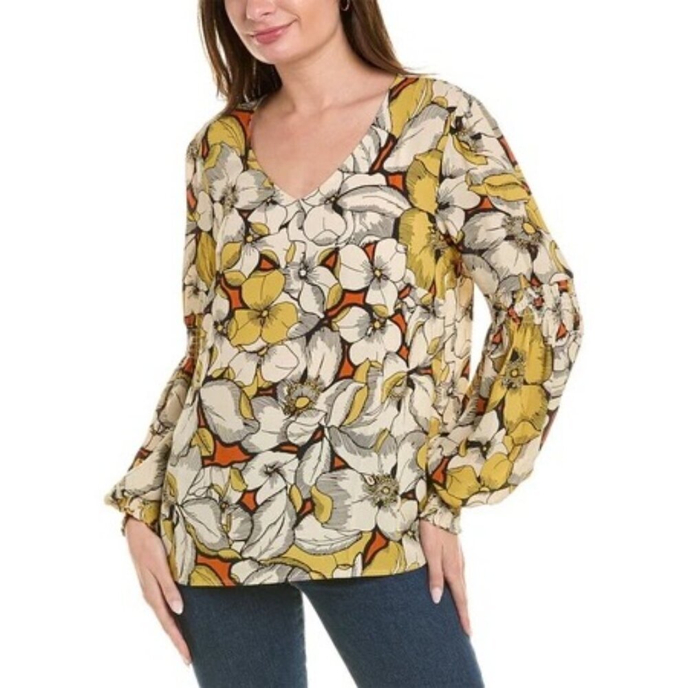 Cabi Sequel Blouse Retro Fall Floral Print Long Sleeve V-Neck #3954 Women XS